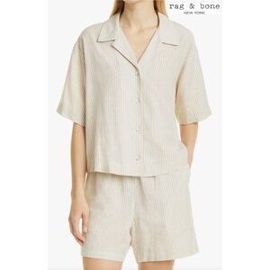 RAG & BONE NWT REED STRIPE SHORT SLEEVE BOXY MODAL/LINEN BEIGE SHIRT. SIZE M
